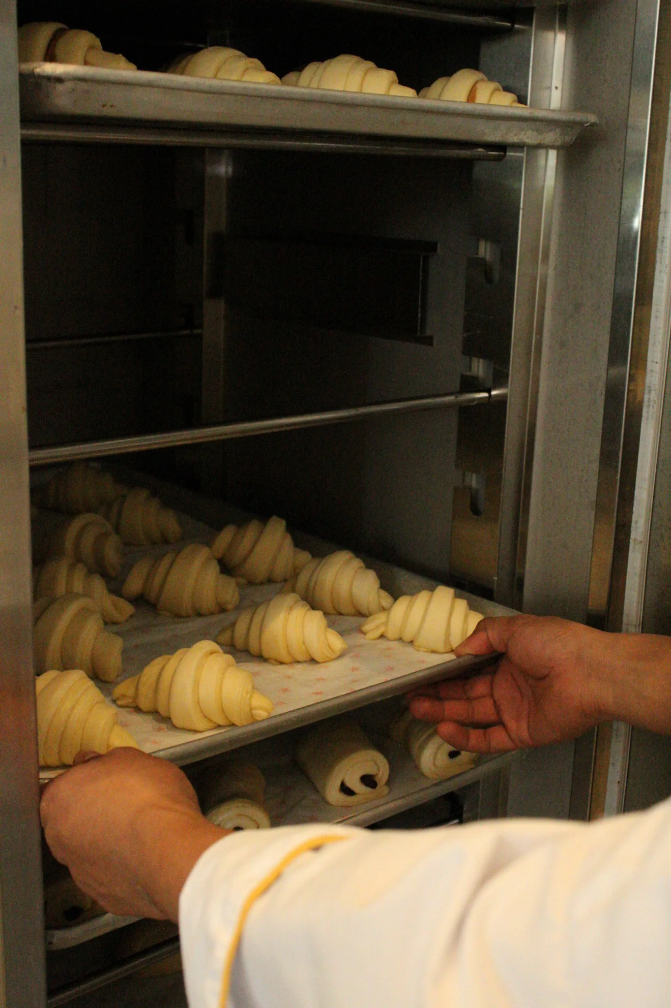 Charola de croissants entrando al horno en la panadería de Nisso